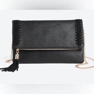 MODA LUXE
Palermo Stitch Detail Clutch. Black crossbody with gold chain